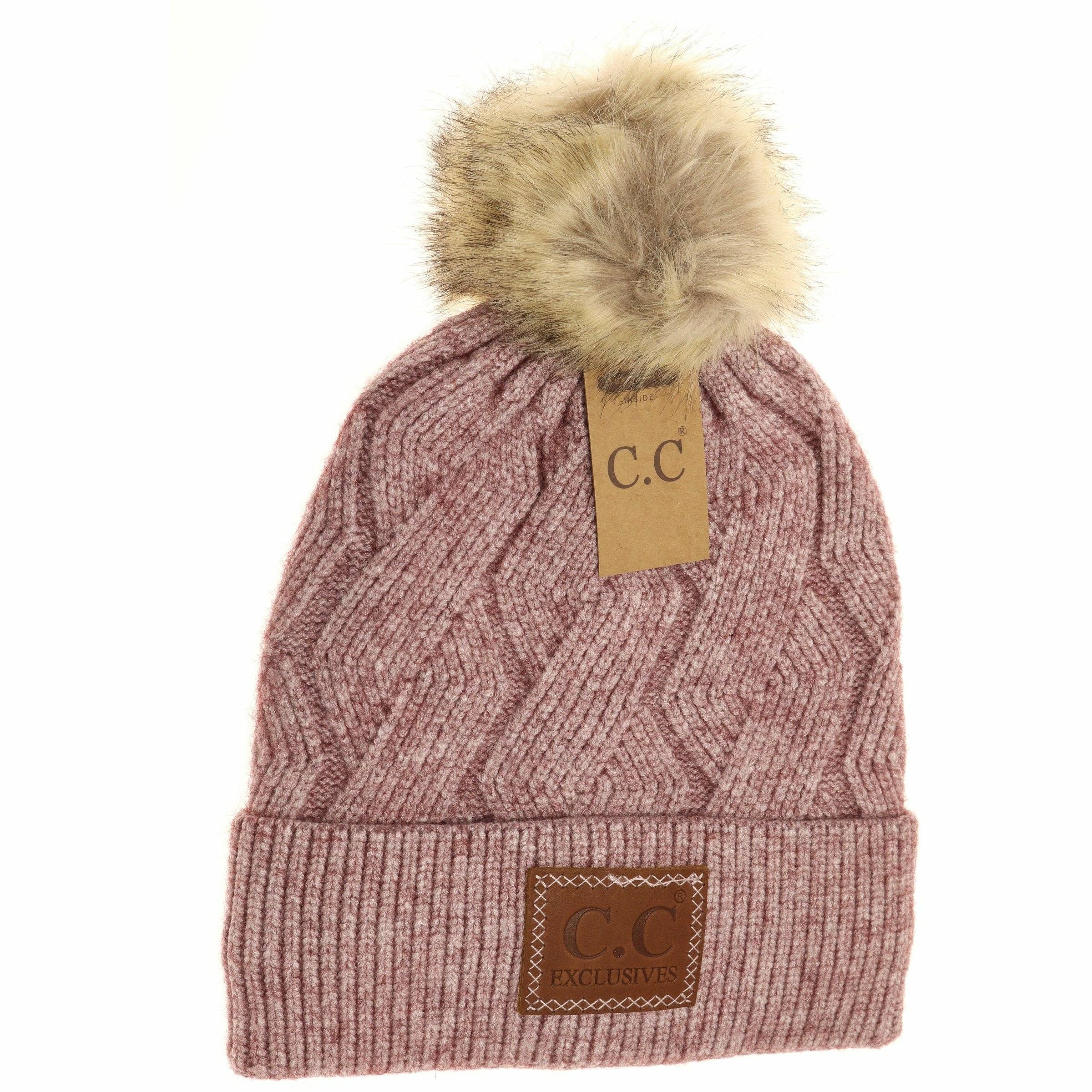 Geometric Knit Faux Fur Pom Beanie HAT2298