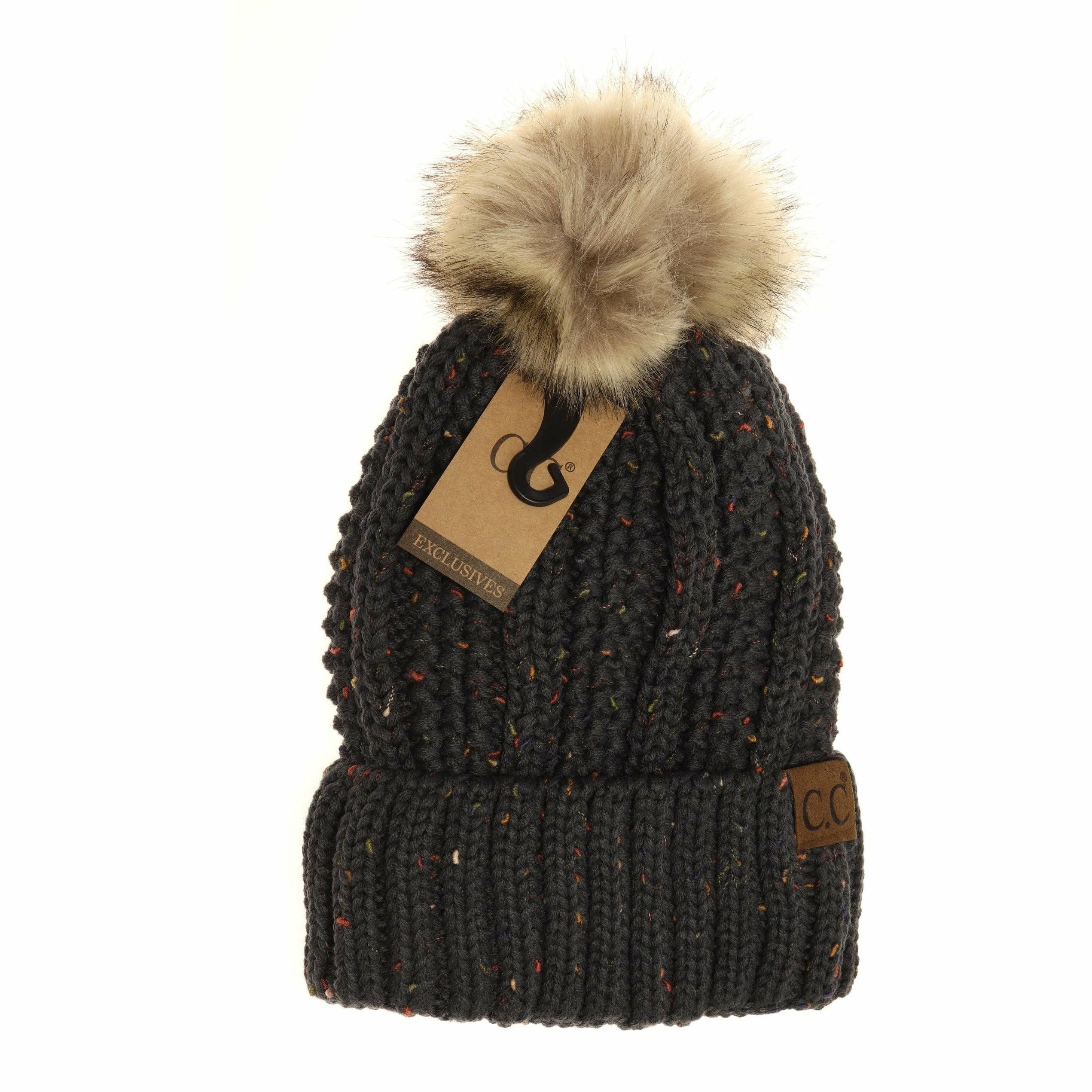Fuzzy Lined Flecked Fur Pom CC Beanie YJ820CONFETTI