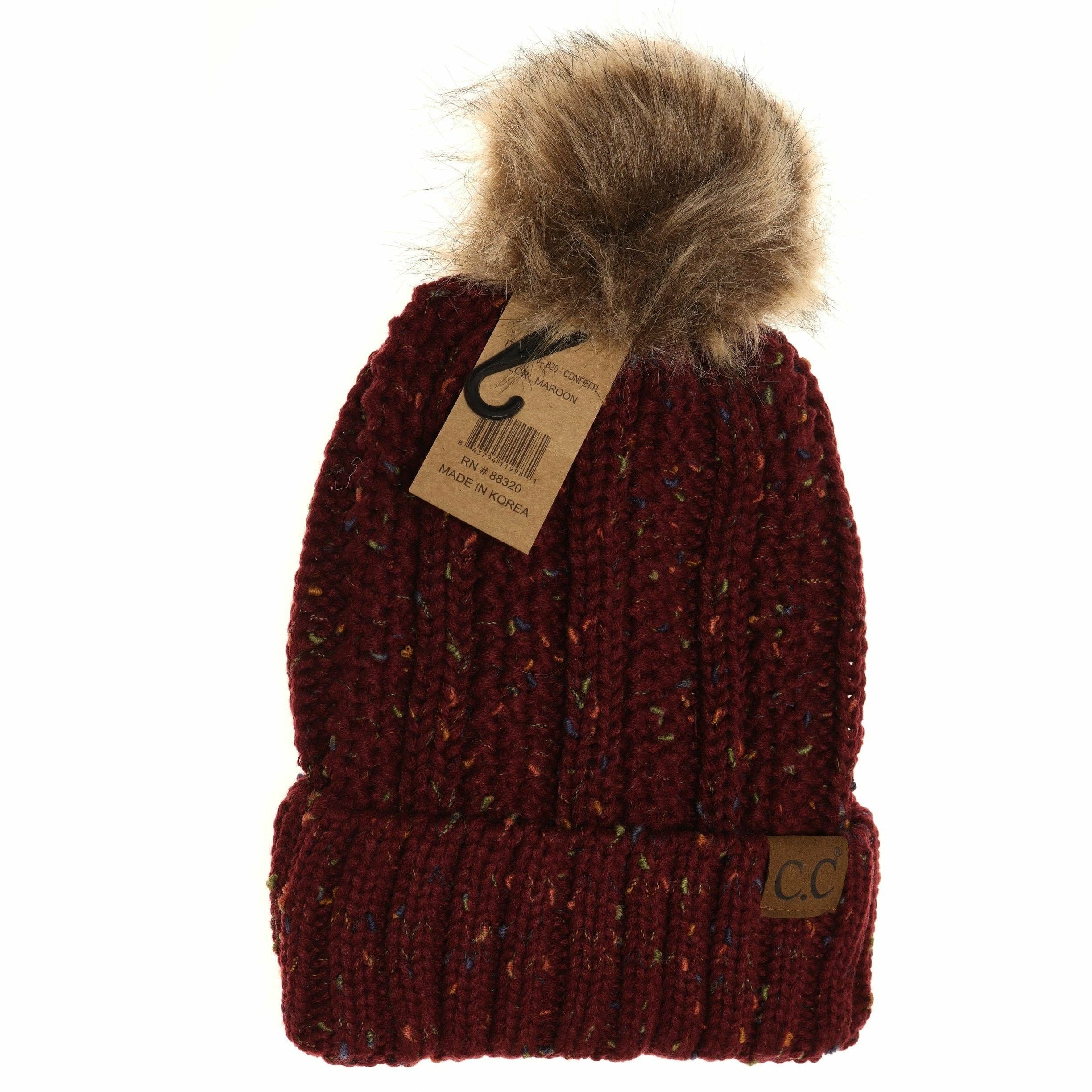 Fuzzy Lined Flecked Fur Pom CC Beanie YJ820CONFETTI