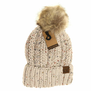 Fuzzy Lined Flecked Fur Pom CC Beanie YJ820CONFETTI