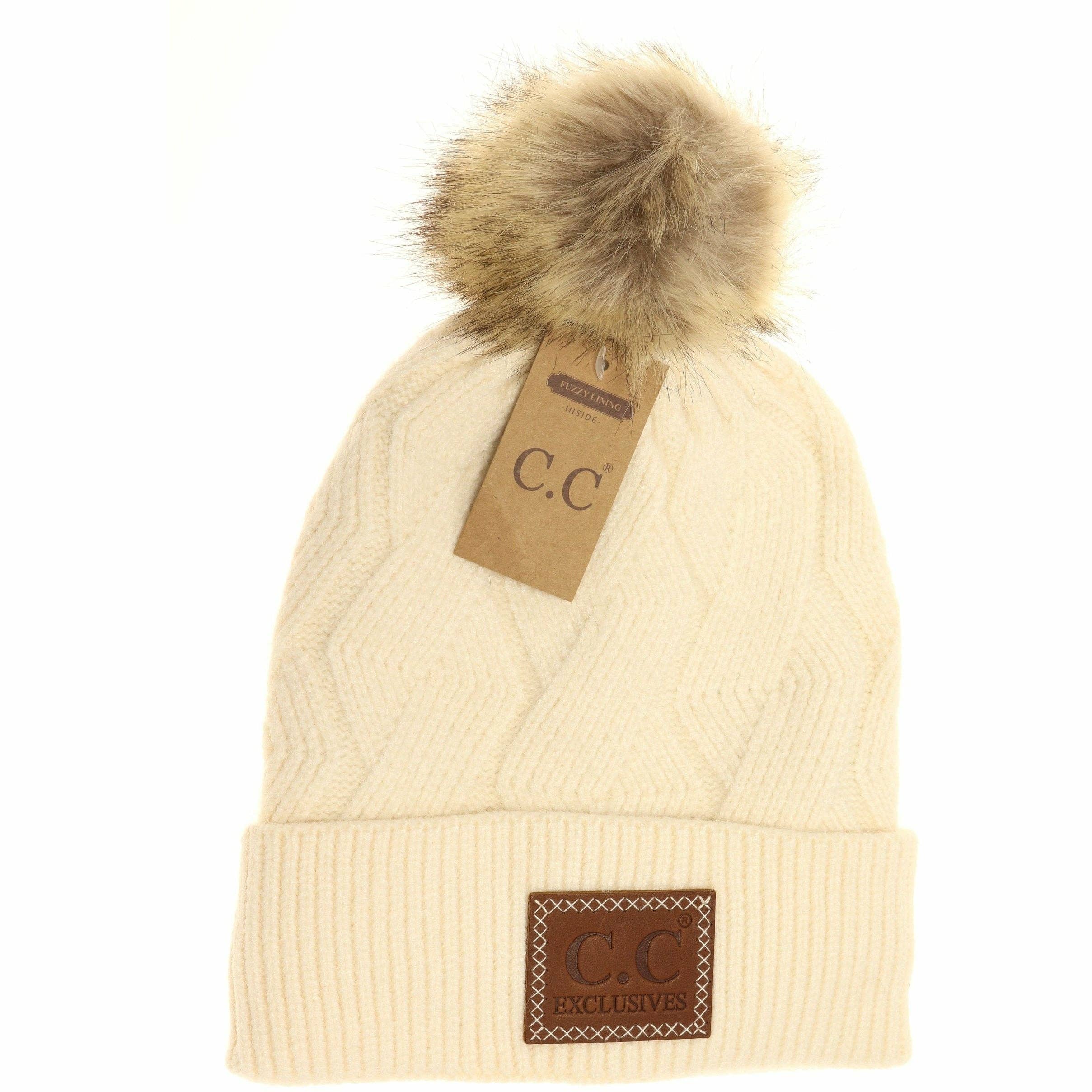 Geometric Knit Faux Fur Pom Beanie HAT2298