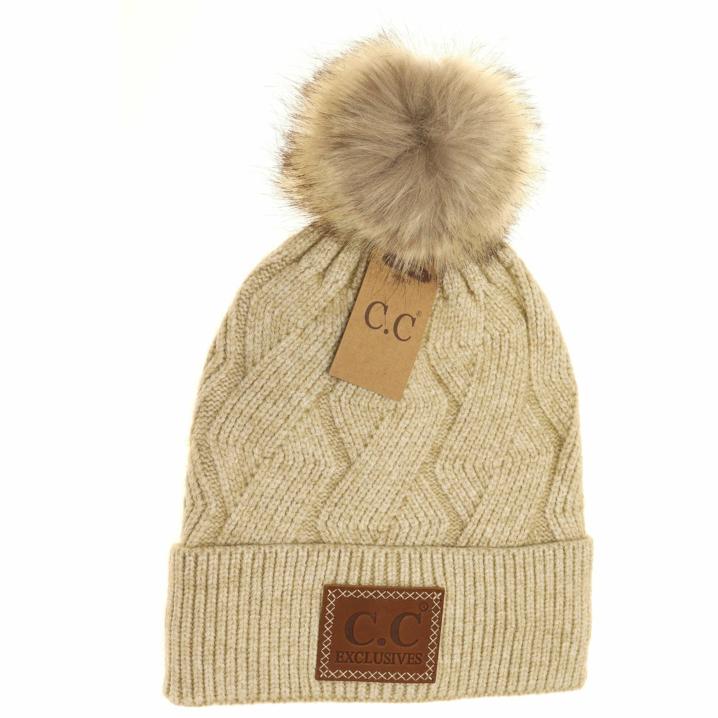 Geometric Knit Faux Fur Pom Beanie HAT2298