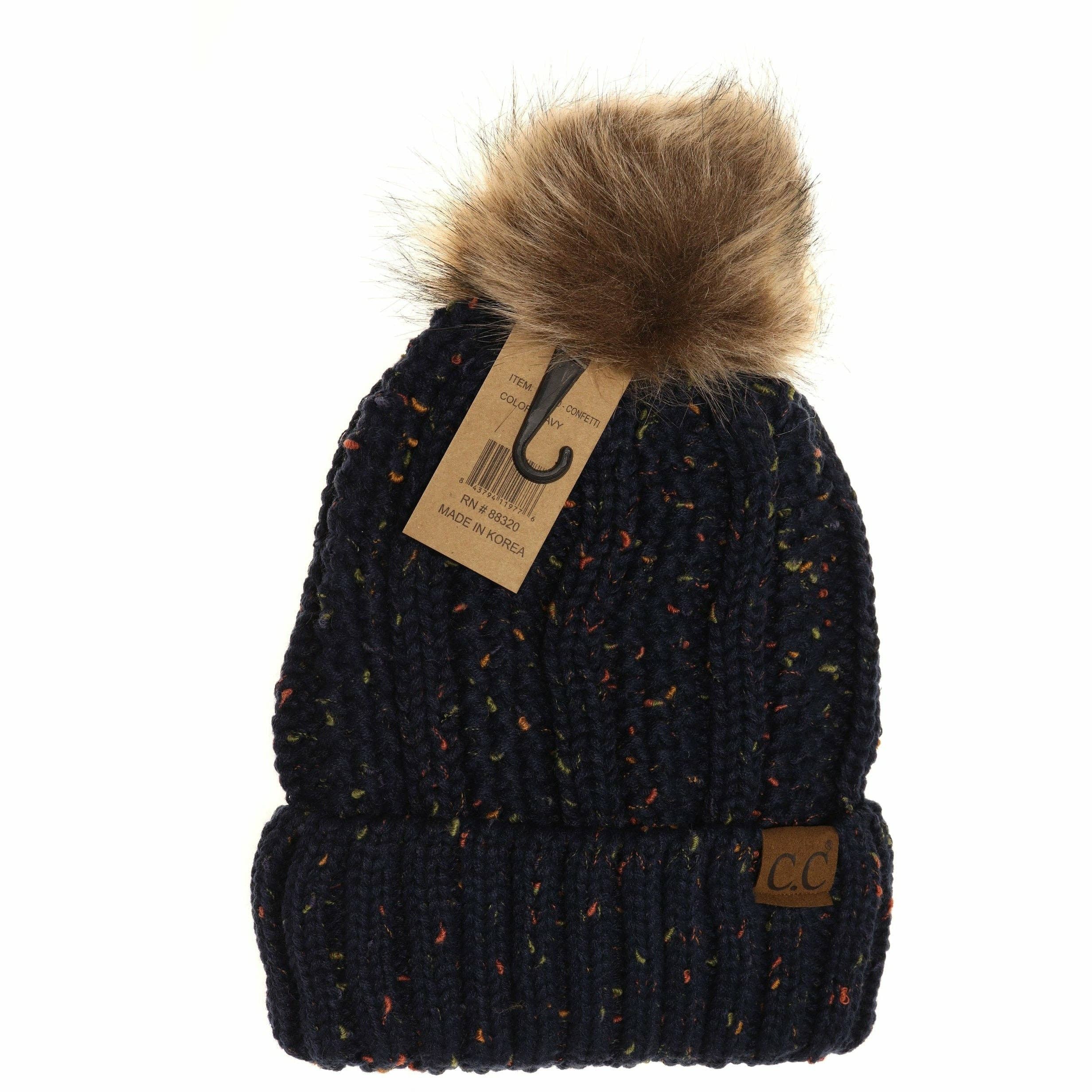 Fuzzy Lined Flecked Fur Pom CC Beanie YJ820CONFETTI