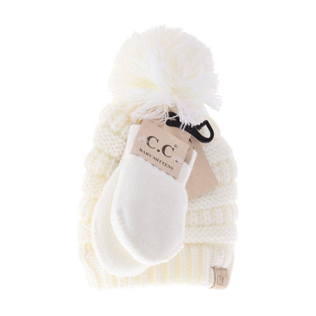 C.C BABY BABY Solid Knit Pom Beanie and Mittens Set
