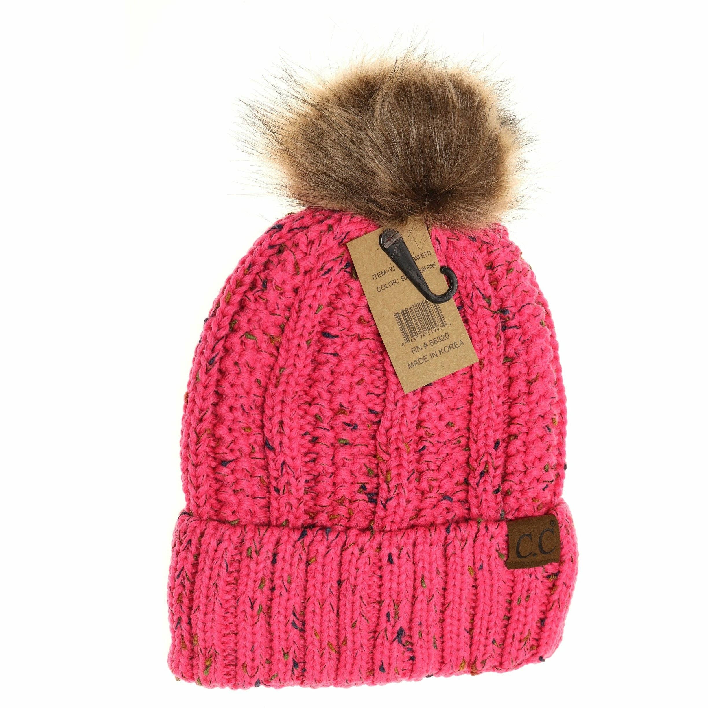 Fuzzy Lined Flecked Fur Pom CC Beanie YJ820CONFETTI