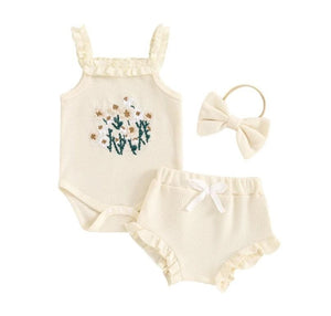 Cream Floral Embroidered Waffle Knit Set
