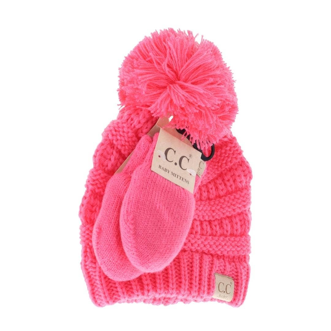 C.C BABY BABY Solid Knit Pom Beanie and Mittens Set