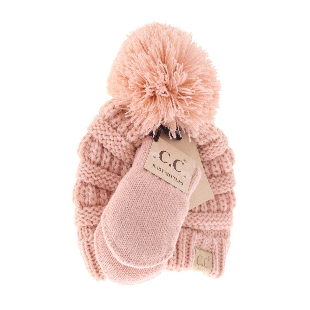 C.C BABY BABY Solid Knit Pom Beanie and Mittens Set