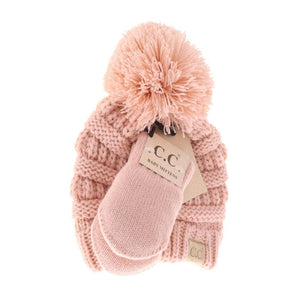 C.C BABY BABY Solid Knit Pom Beanie and Mittens Set