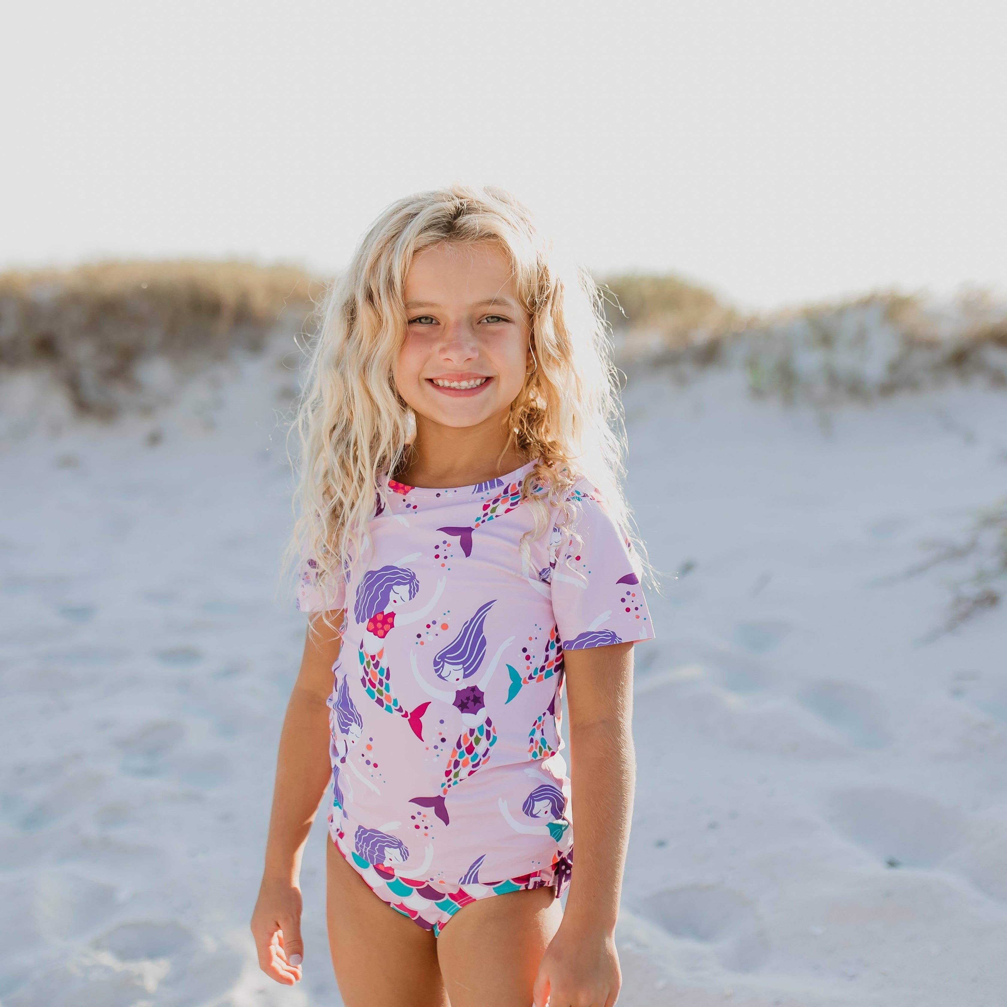 Kids Purple Mermaid Rash Guard Ruffle Swimsuit