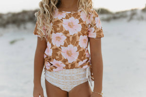 Kids Pink & Tan Tropical Flower Rash Guard Ruffle Swimsuit