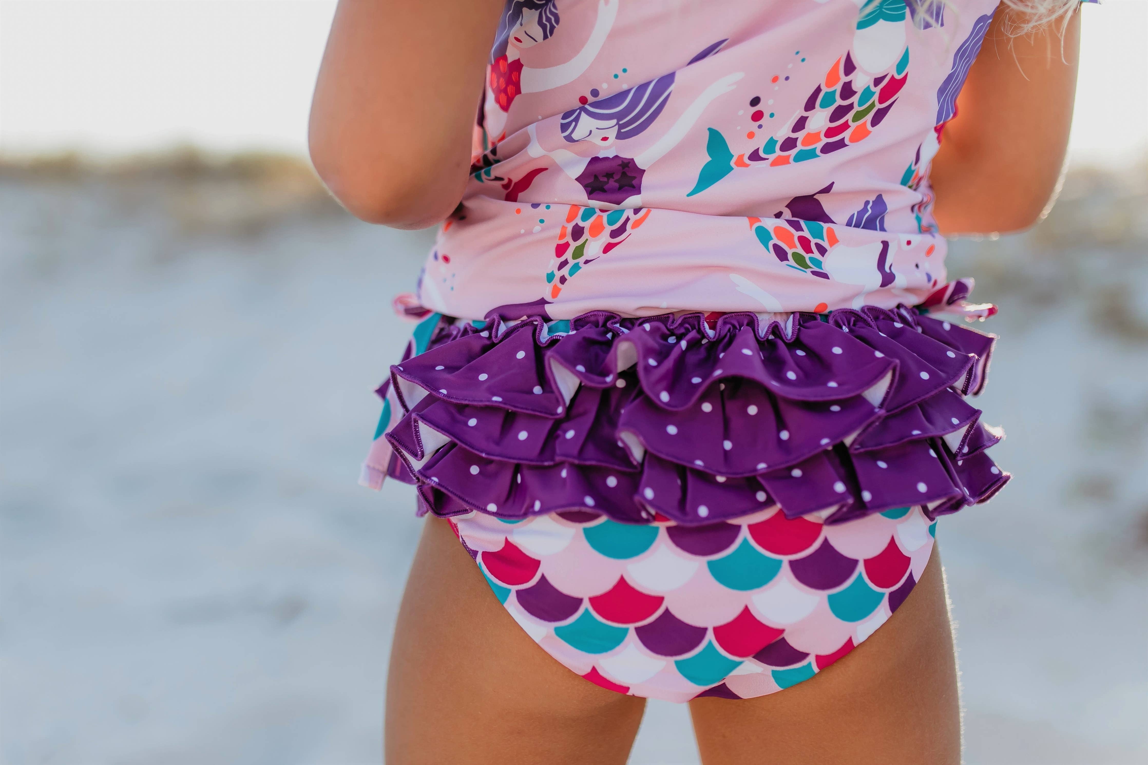 Kids Purple Mermaid Rash Guard Ruffle Swimsuit